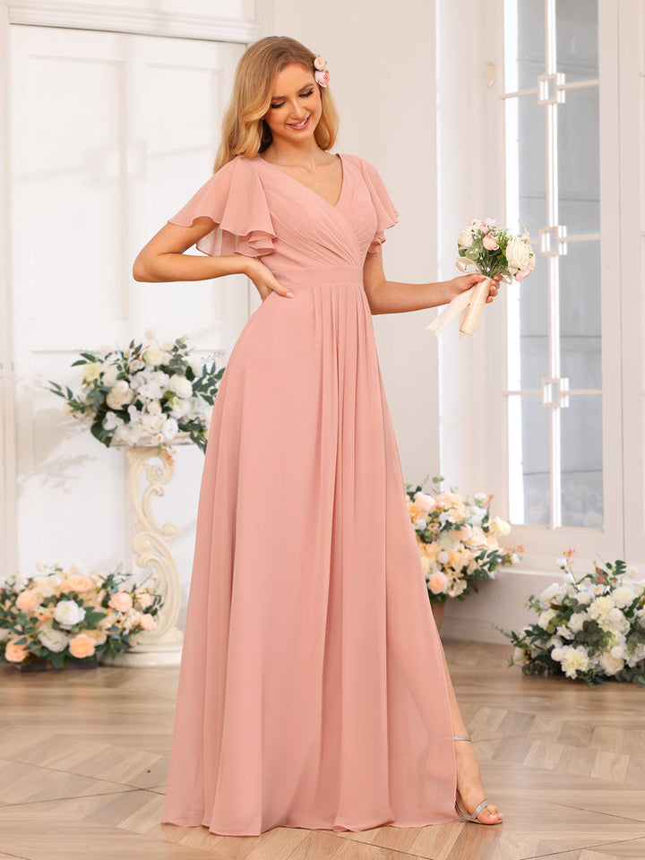 A-Line/Princess V-Neck Long Wedding Party Dresses with Split Side &amp; Pockets