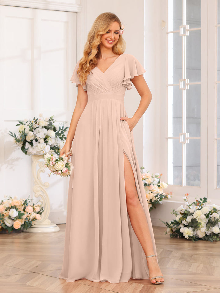 A-Line/Princess V-Neck Long Wedding Party Dresses with Split Side &amp; Pockets