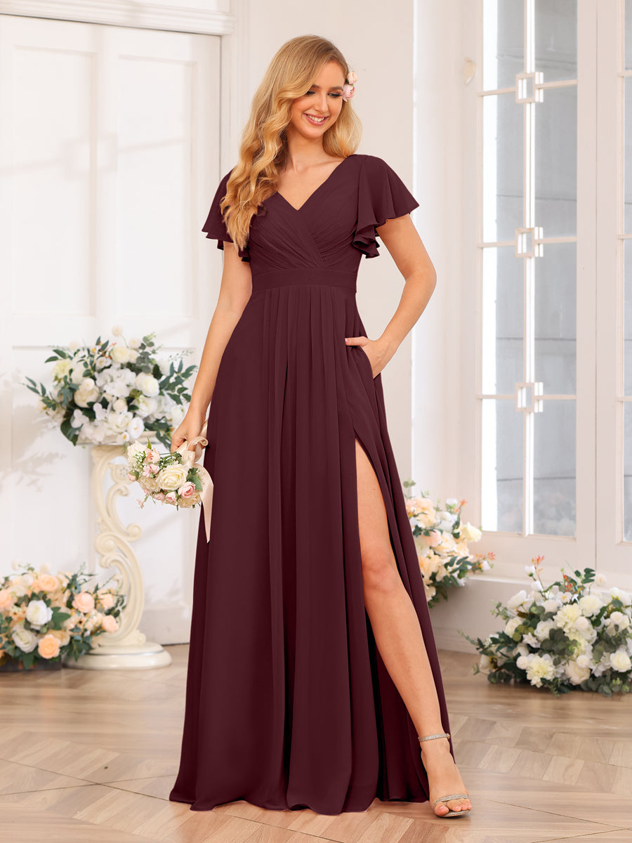 A-Line/Princess V-Neck Long Wedding Party Dresses with Split Side &amp; Pockets