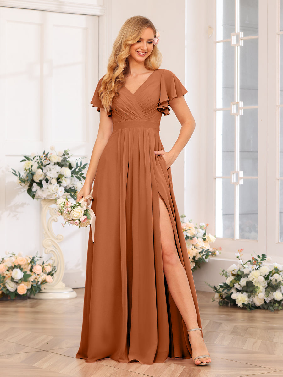 A-Line/Princess V-Neck Long Wedding Party Dresses with Split Side &amp; Pockets