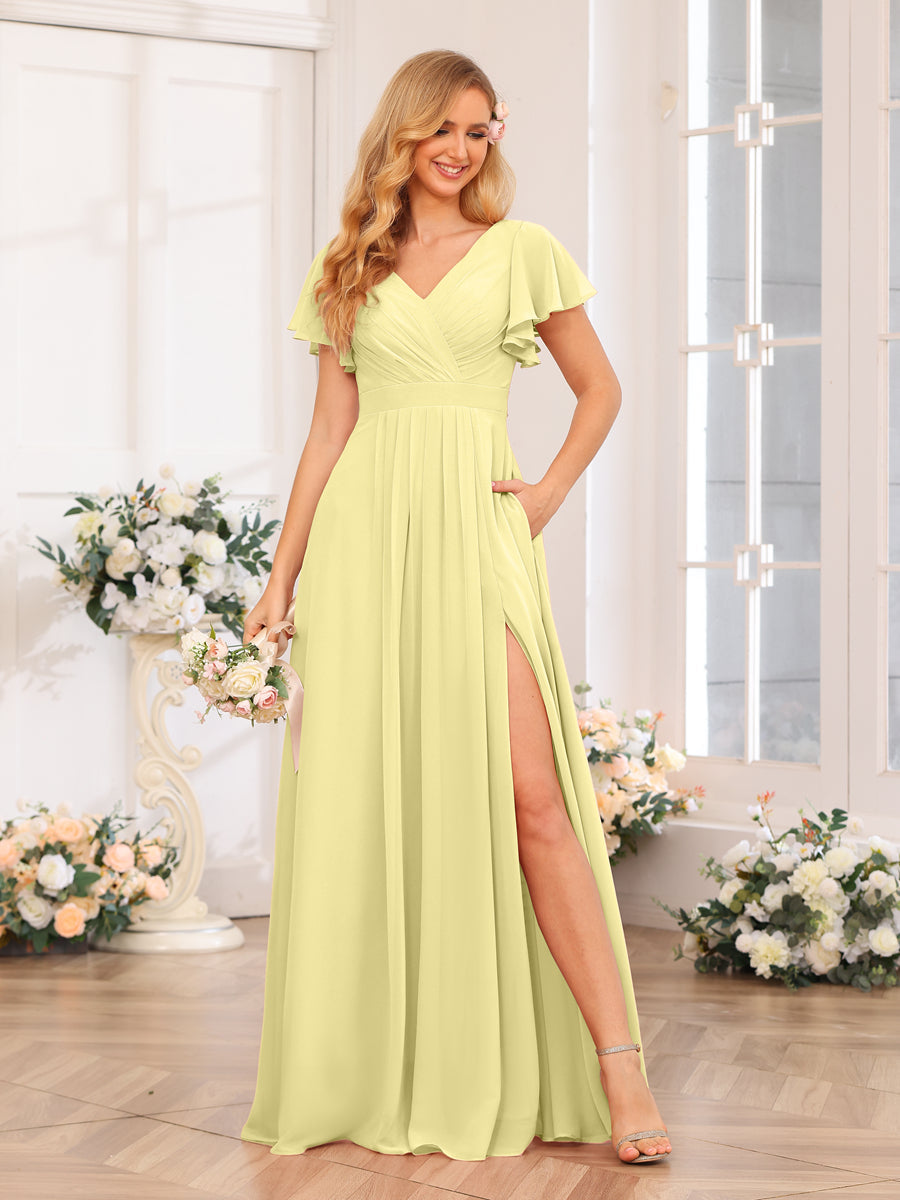 A-Line/Princess V-Neck Long Wedding Party Dresses with Split Side &amp; Pockets
