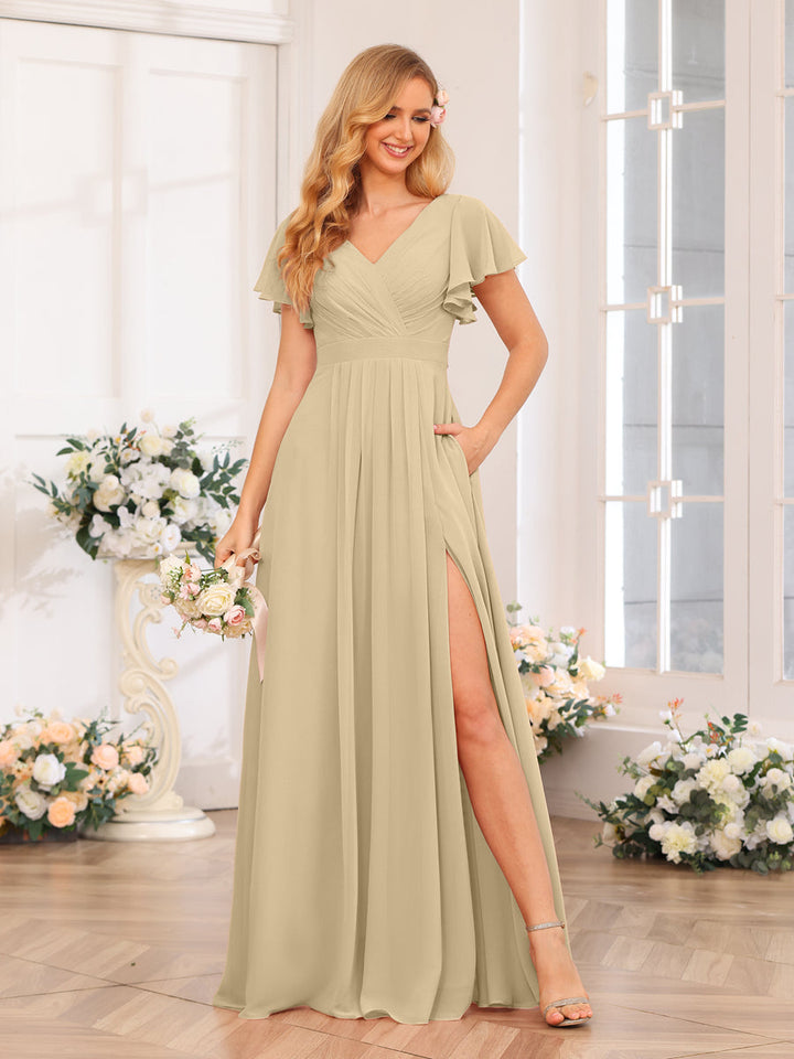 A-Line/Princess V-Neck Long Wedding Party Dresses with Split Side &amp; Pockets