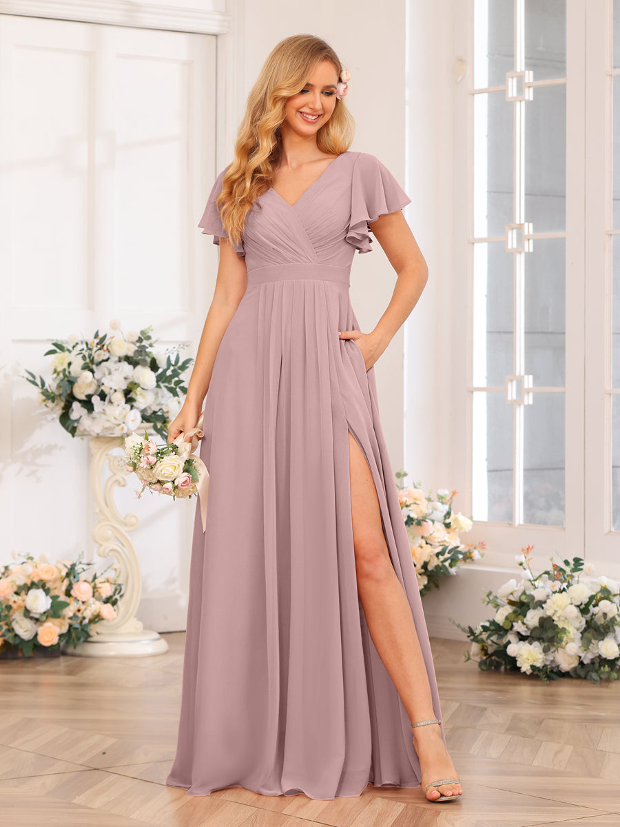 A-Line/Princess V-Neck Long Wedding Party Dresses with Split Side &amp; Pockets