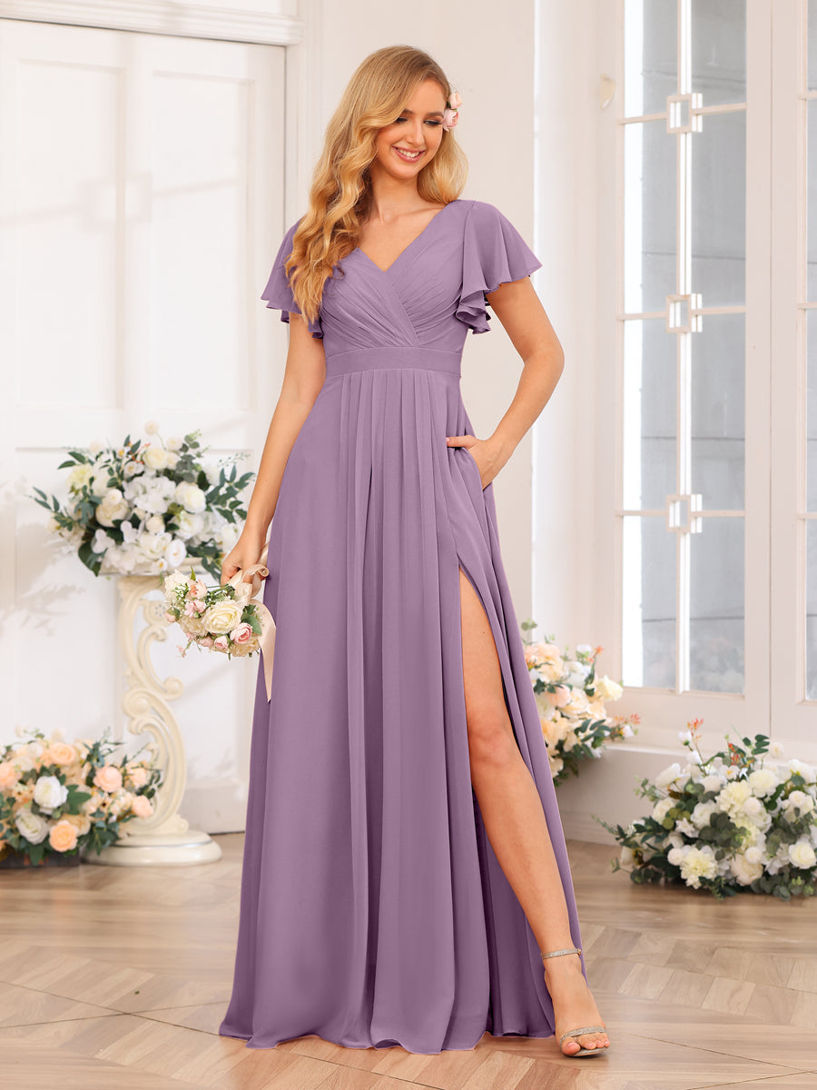 A-Line/Princess V-Neck Long Wedding Party Dresses with Split Side &amp; Pockets