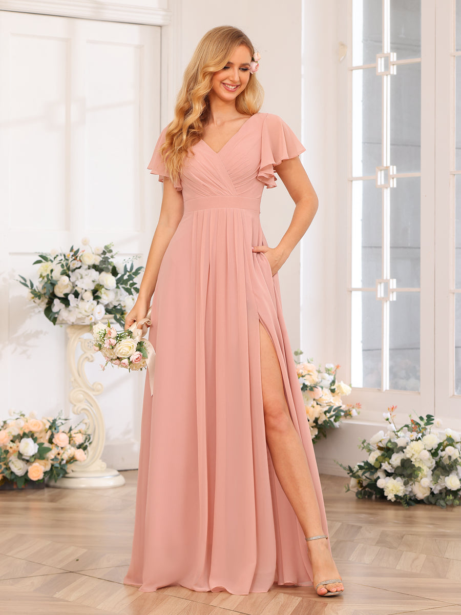 A-Line/Princess V-Neck Long Wedding Party Dresses with Split Side &amp; Pockets