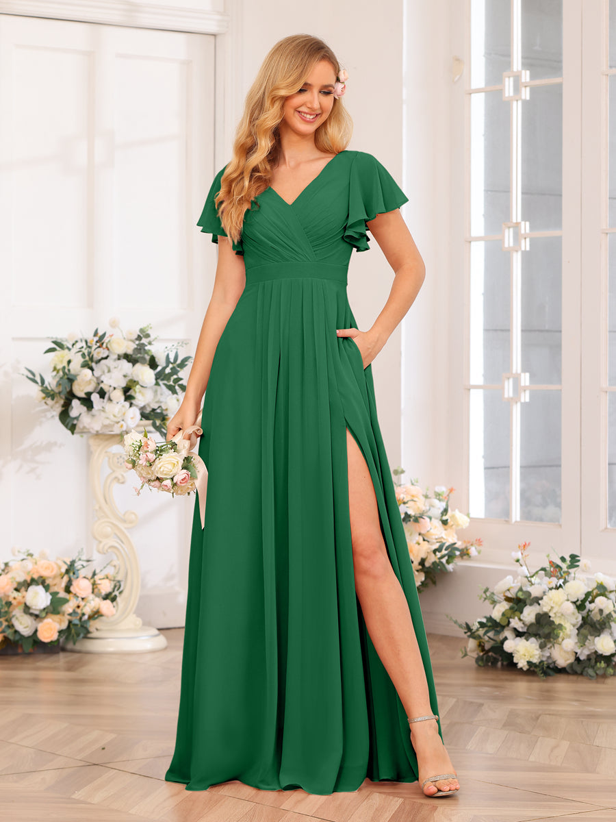 A-Line/Princess V-Neck Long Wedding Party Dresses with Split Side &amp; Pockets