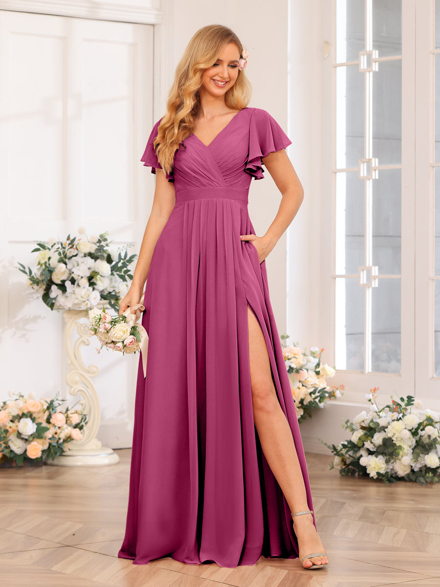 A-Line/Princess V-Neck Long Wedding Party Dresses with Split Side &amp; Pockets