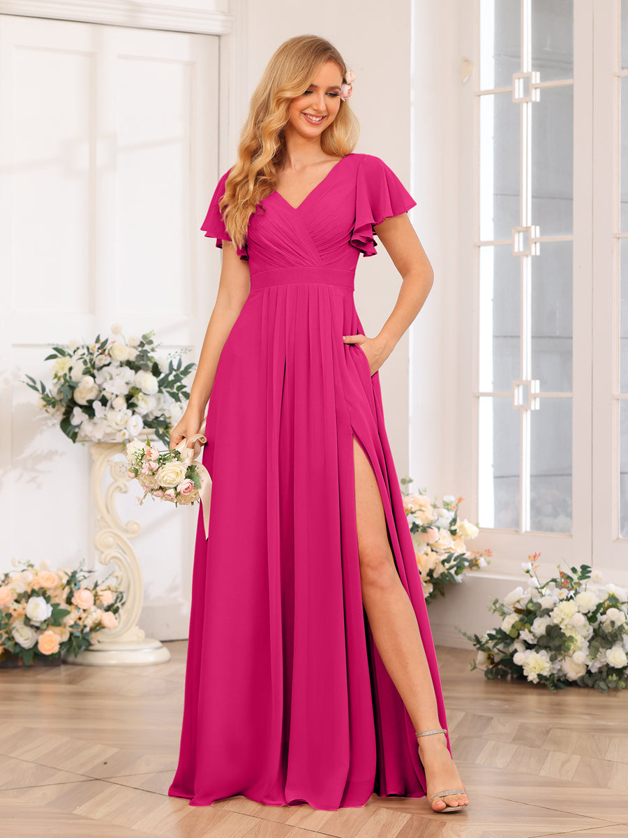 A-Line/Princess V-Neck Long Wedding Party Dresses with Split Side &amp; Pockets