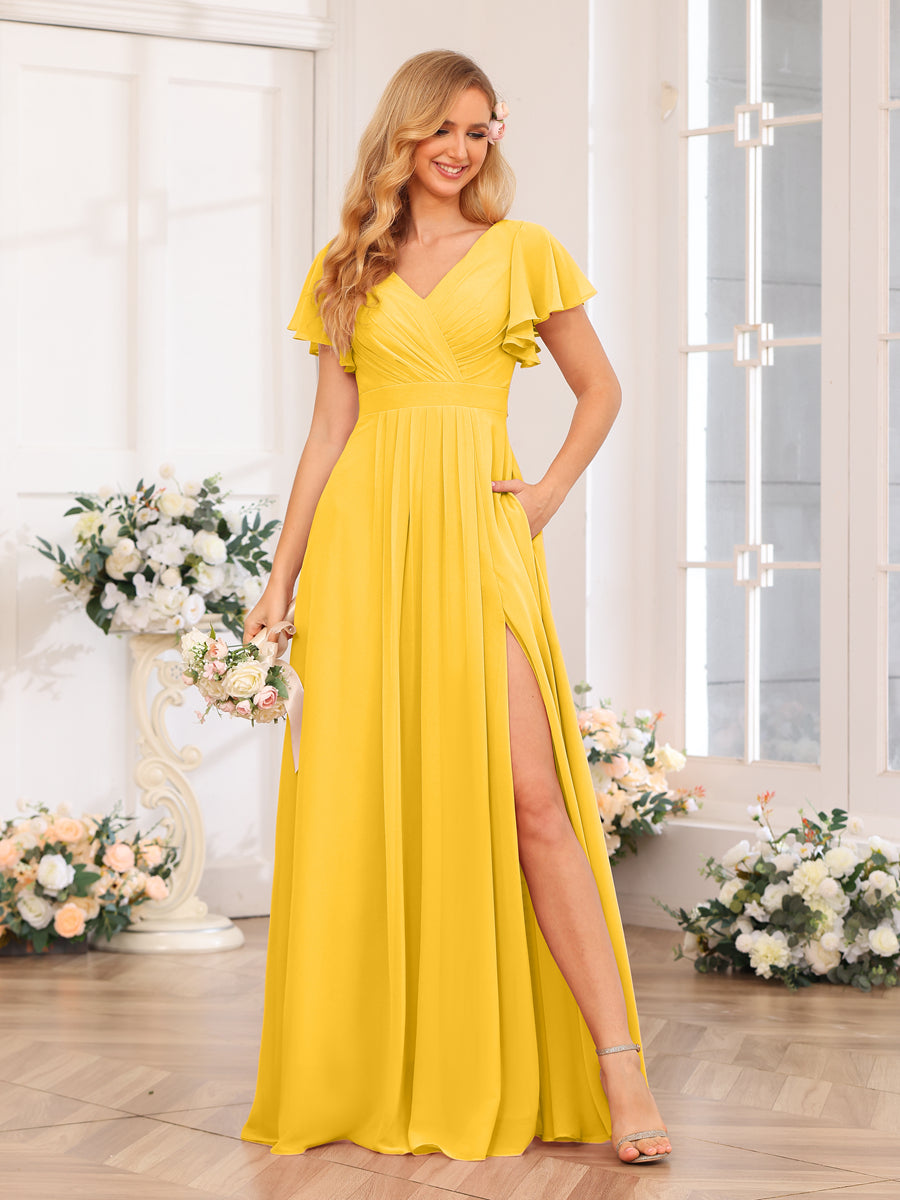 A-Line/Princess V-Neck Long Wedding Party Dresses with Split Side &amp; Pockets