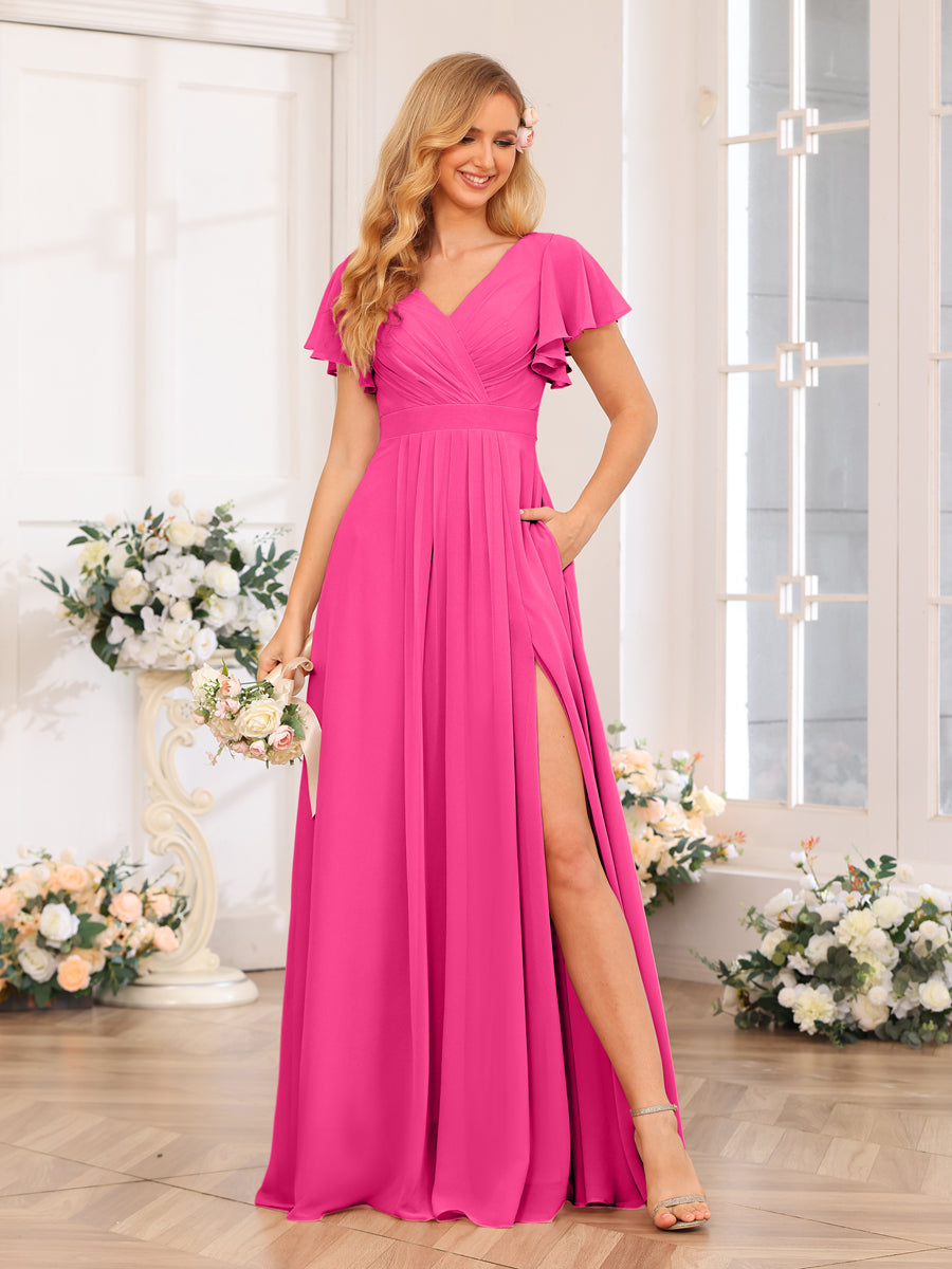 A-Line/Princess V-Neck Long Wedding Party Dresses with Split Side &amp; Pockets