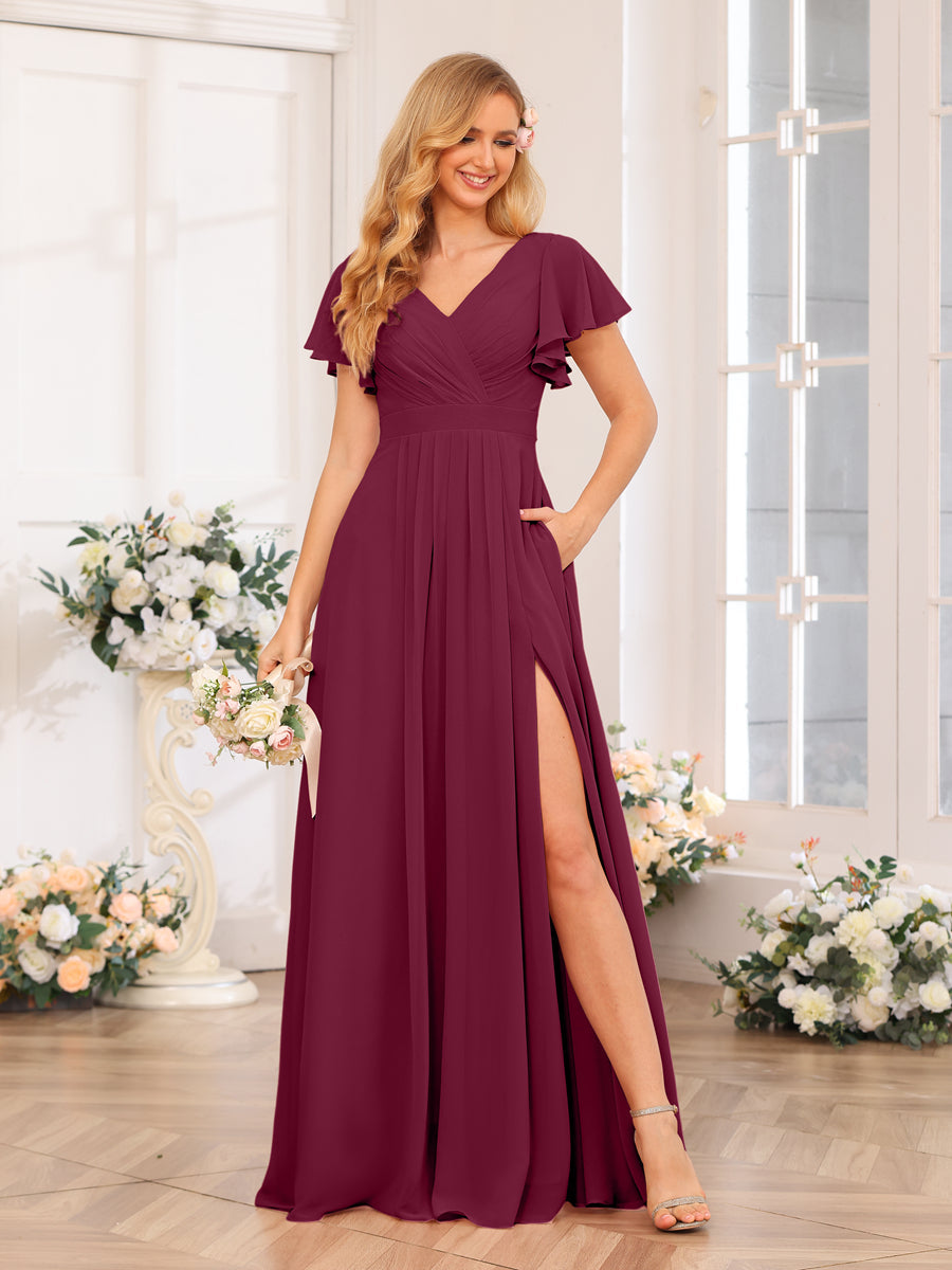 A-Line/Princess V-Neck Long Wedding Party Dresses with Split Side &amp; Pockets