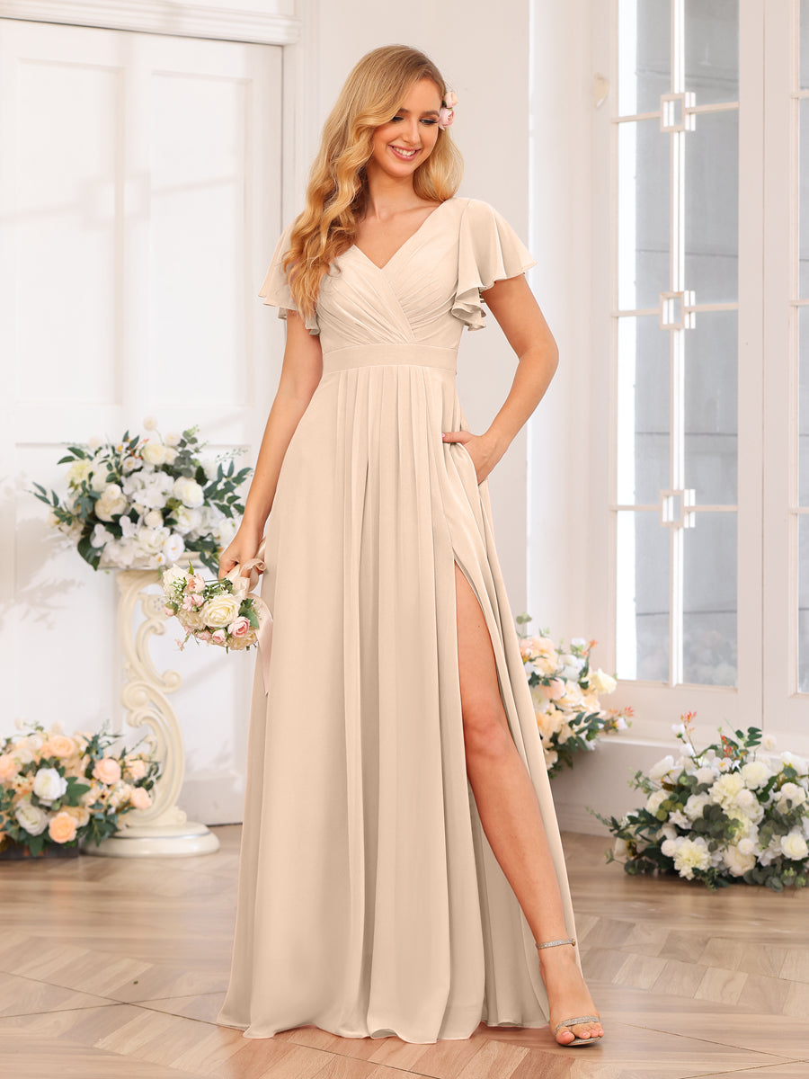 A-Line/Princess V-Neck Long Wedding Party Dresses with Split Side &amp; Pockets