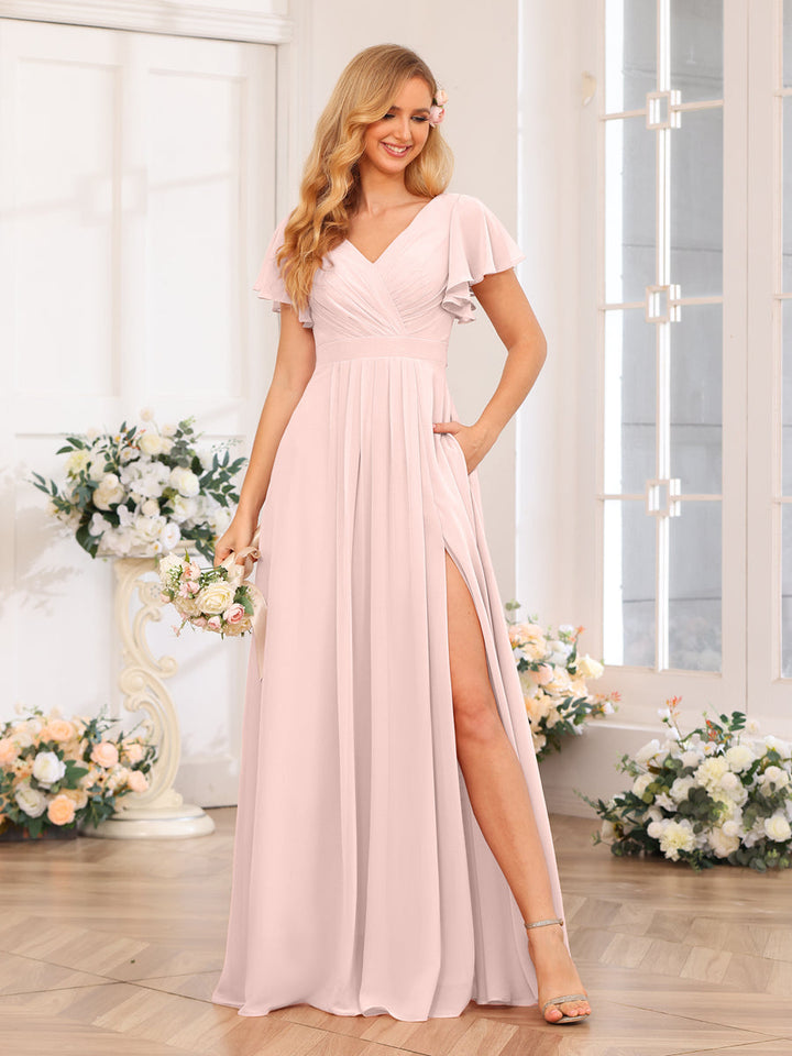 A-Line/Princess V-Neck Long Wedding Party Dresses with Split Side &amp; Pockets