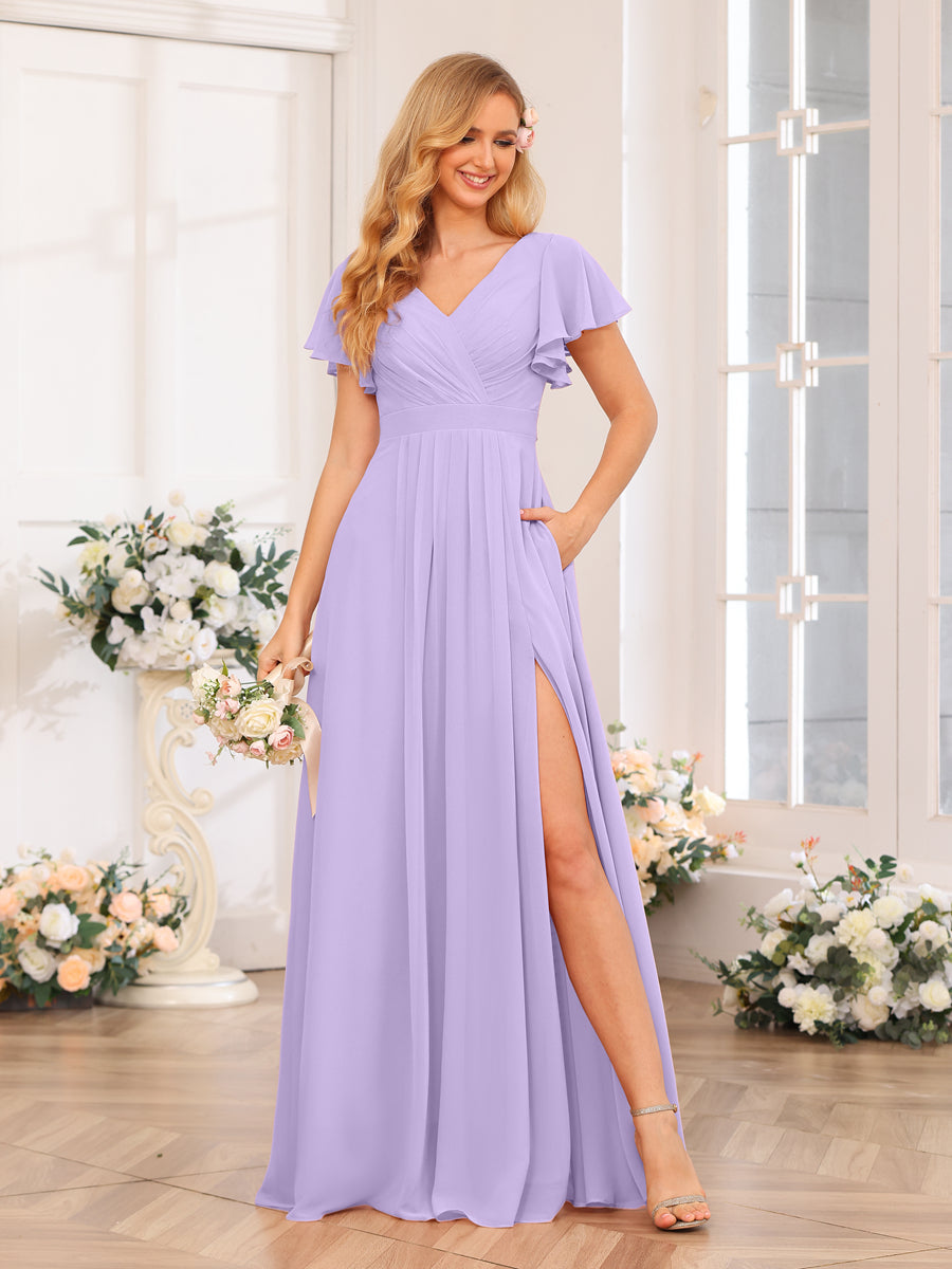 A-Line/Princess V-Neck Long Wedding Party Dresses with Split Side &amp; Pockets