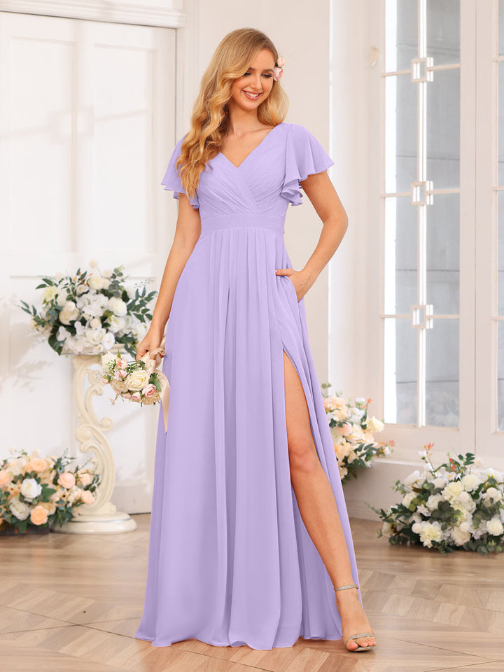 A-Line/Princess V-Neck Long Wedding Party Dresses with Split Side &amp; Pockets