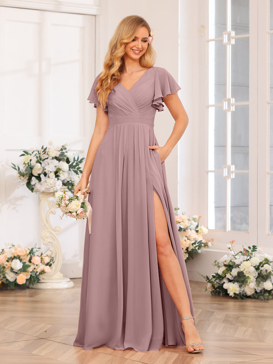 A-Line/Princess V-Neck Long Wedding Party Dresses with Split Side &amp; Pockets