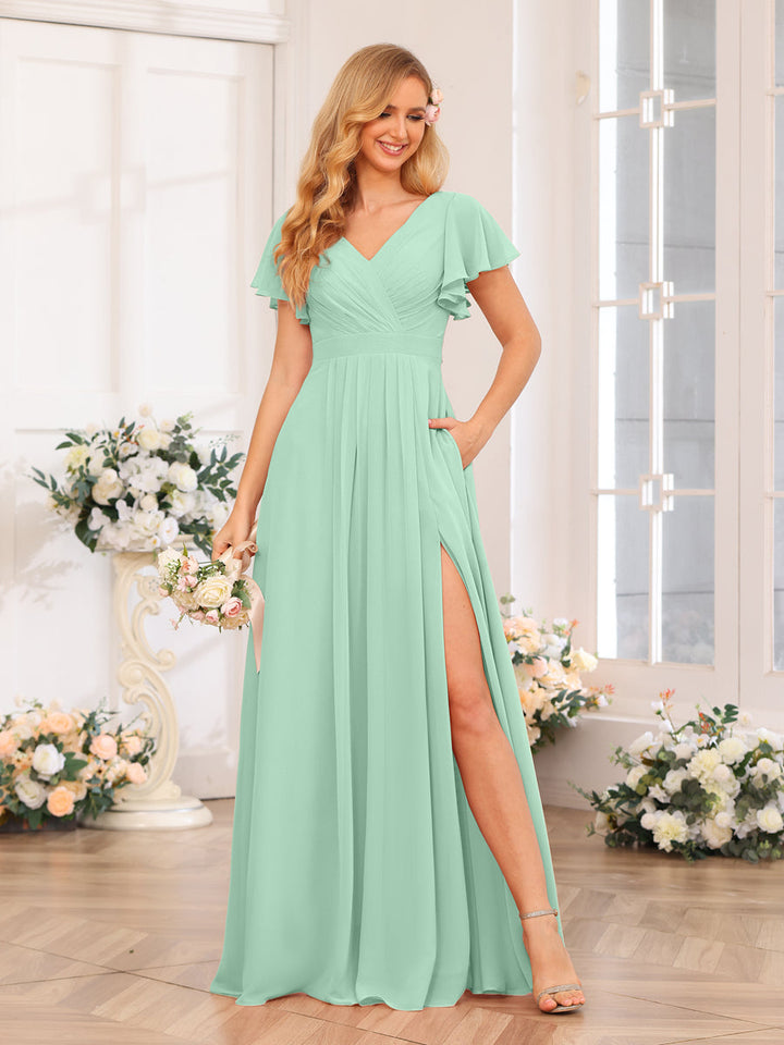 A-Line/Princess V-Neck Long Wedding Party Dresses with Split Side &amp; Pockets