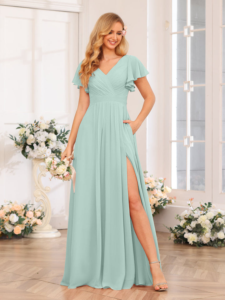 A-Line/Princess V-Neck Long Wedding Party Dresses with Split Side &amp; Pockets