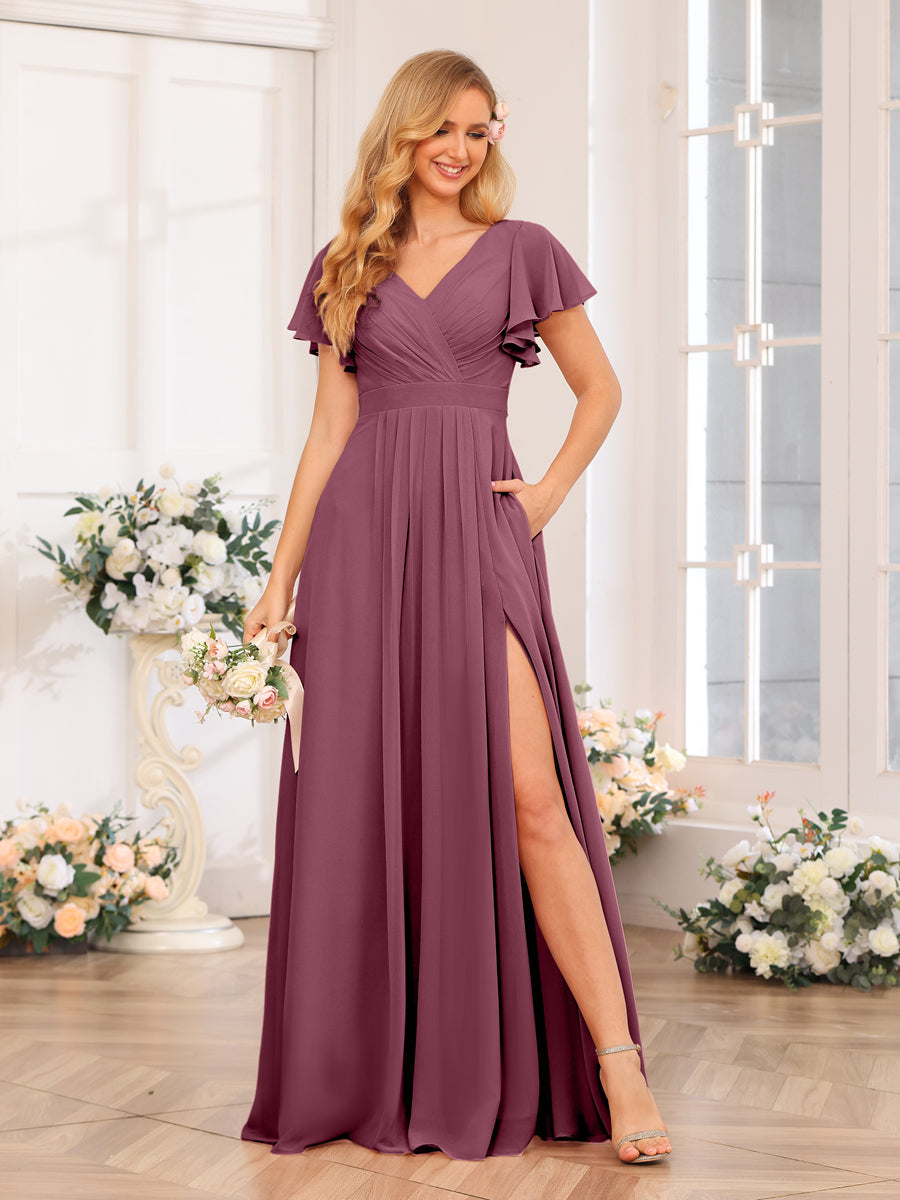 A-Line/Princess V-Neck Long Wedding Party Dresses with Split Side &amp; Pockets