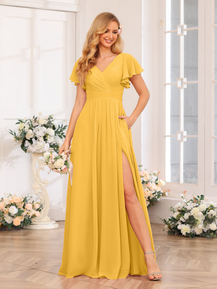 A-Line/Princess V-Neck Long Wedding Party Dresses with Split Side &amp; Pockets