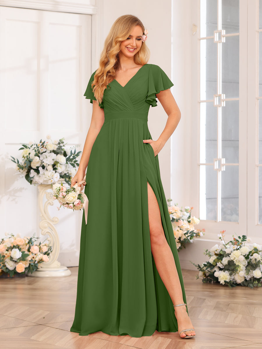 A-Line/Princess V-Neck Long Wedding Party Dresses with Split Side &amp; Pockets