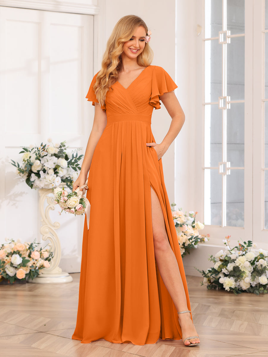 A-Line/Princess V-Neck Long Wedding Party Dresses with Split Side &amp; Pockets