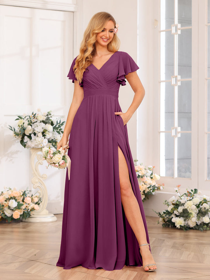 A-Line/Princess V-Neck Long Wedding Party Dresses with Split Side &amp; Pockets