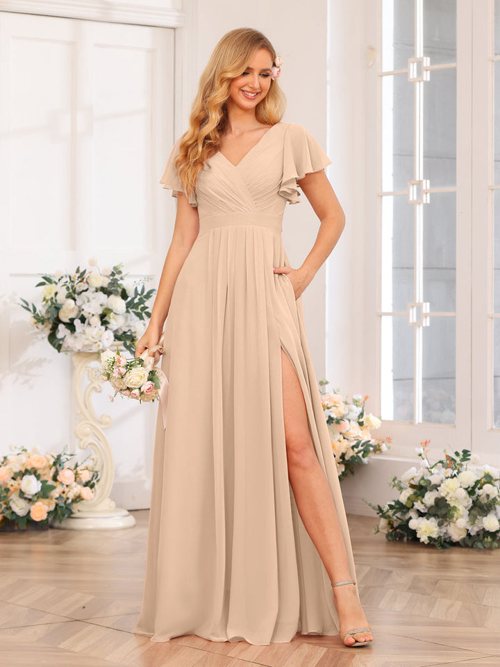 A-Line/Princess V-Neck Long Wedding Party Dresses with Split Side &amp; Pockets