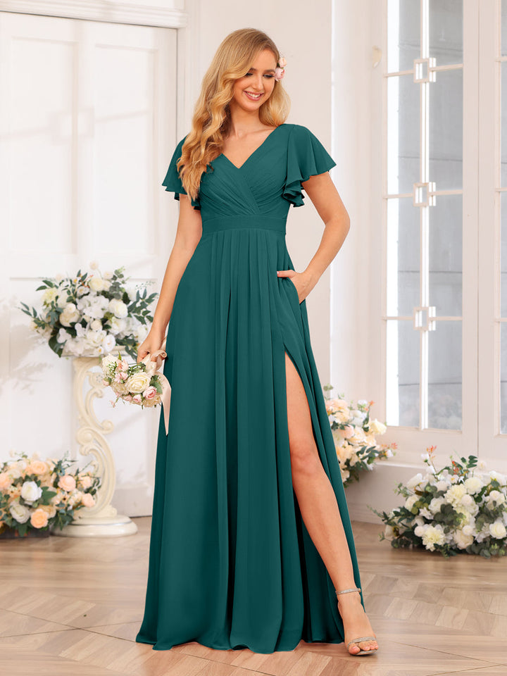 A-Line/Princess V-Neck Long Wedding Party Dresses with Split Side &amp; Pockets