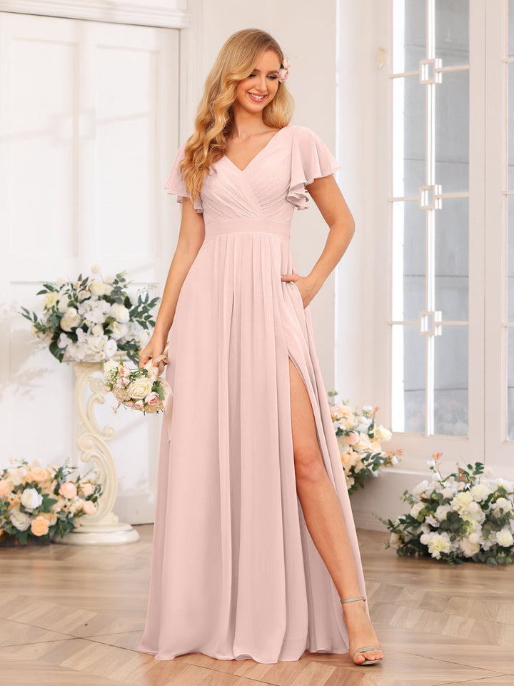 A-Line/Princess V-Neck Long Wedding Party Dresses with Split Side &amp; Pockets