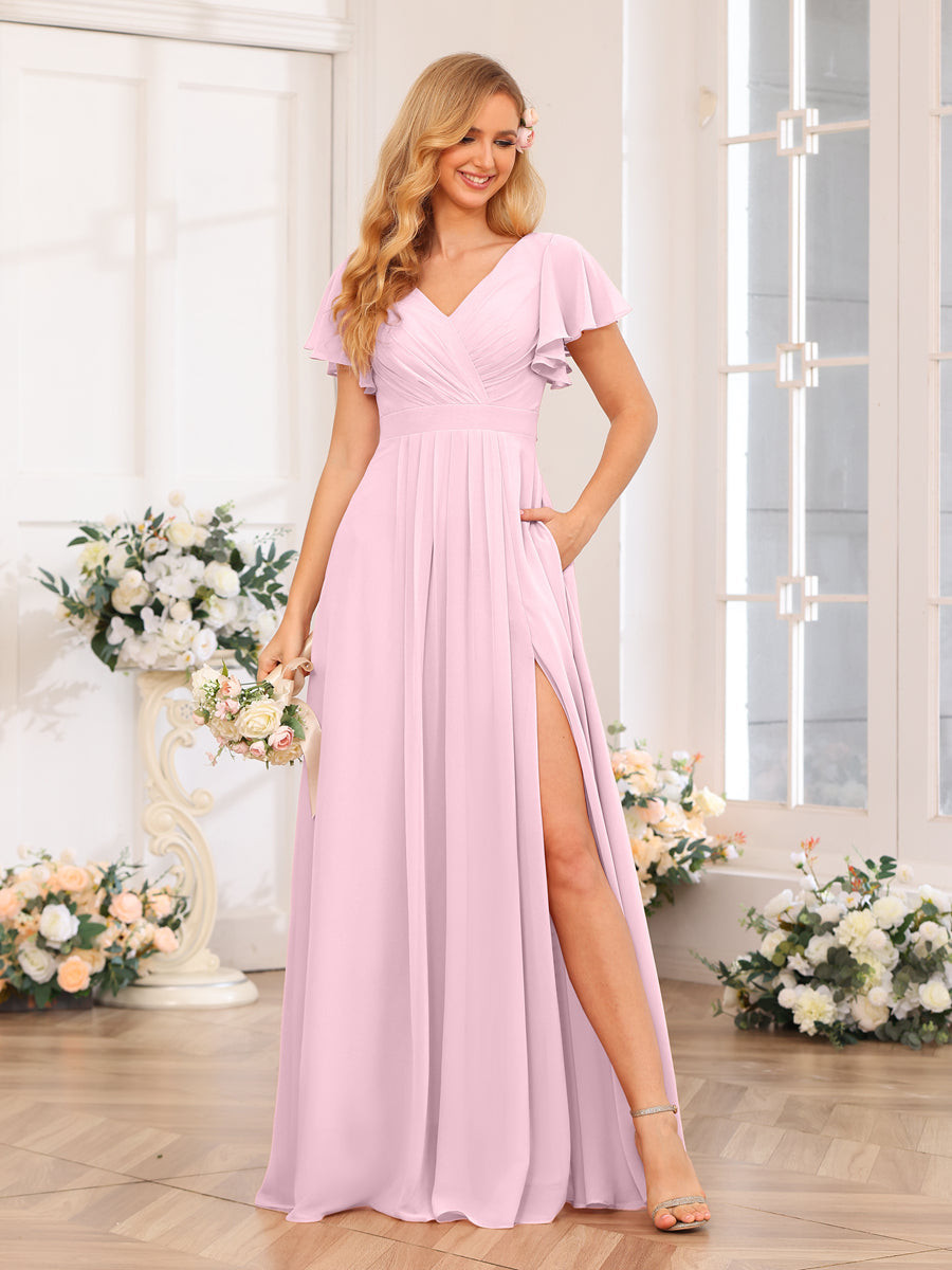 A-Line/Princess V-Neck Long Wedding Party Dresses with Split Side &amp; Pockets