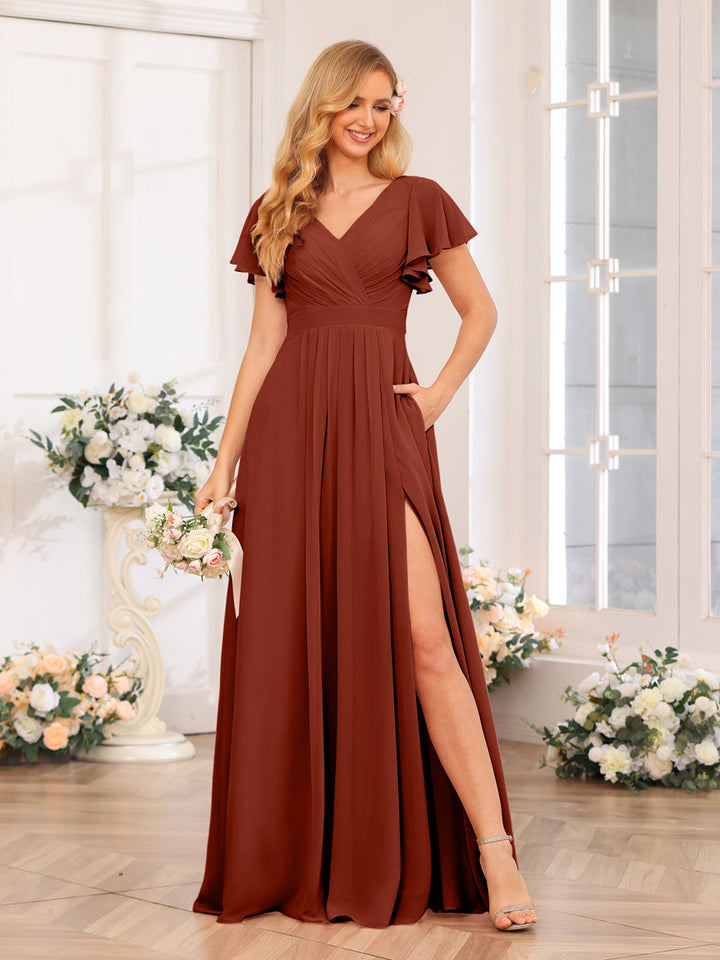 A-Line/Princess V-Neck Long Wedding Party Dresses with Split Side &amp; Pockets
