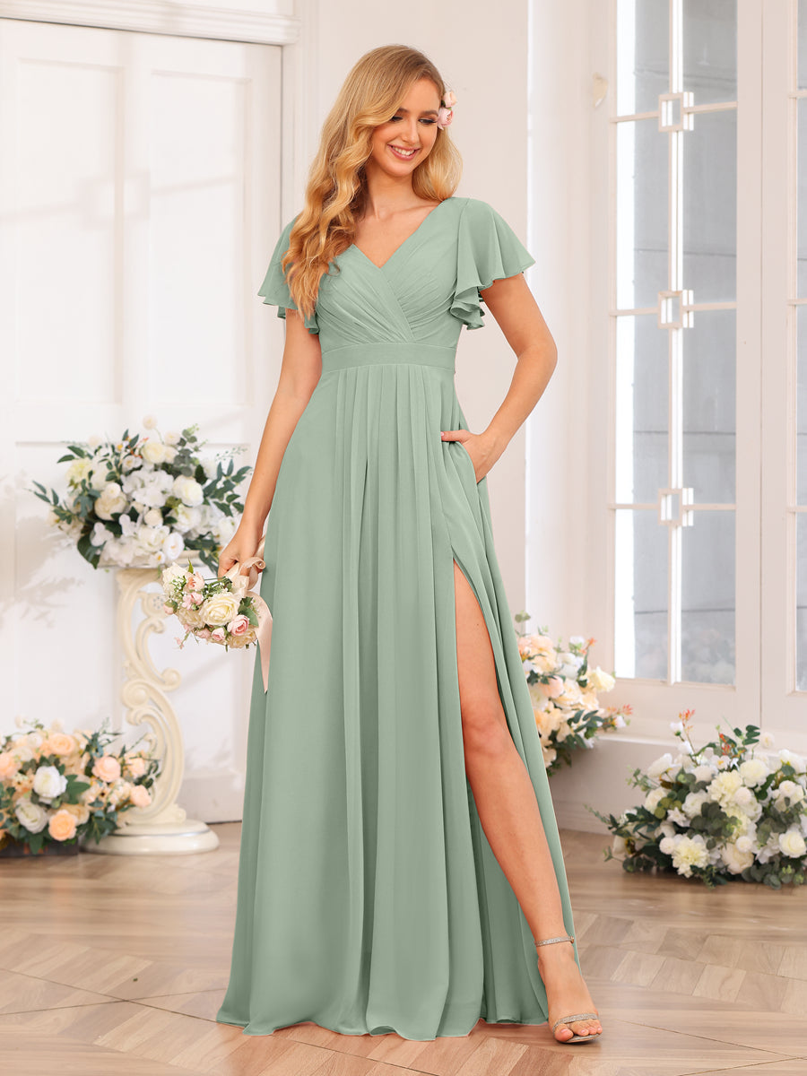 A-Line/Princess V-Neck Long Wedding Party Dresses with Split Side &amp; Pockets