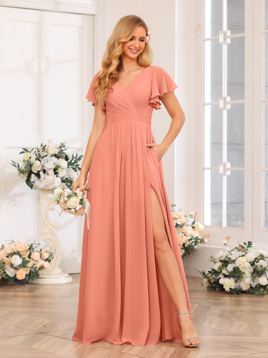 A-Line/Princess V-Neck Long Wedding Party Dresses with Split Side &amp; Pockets