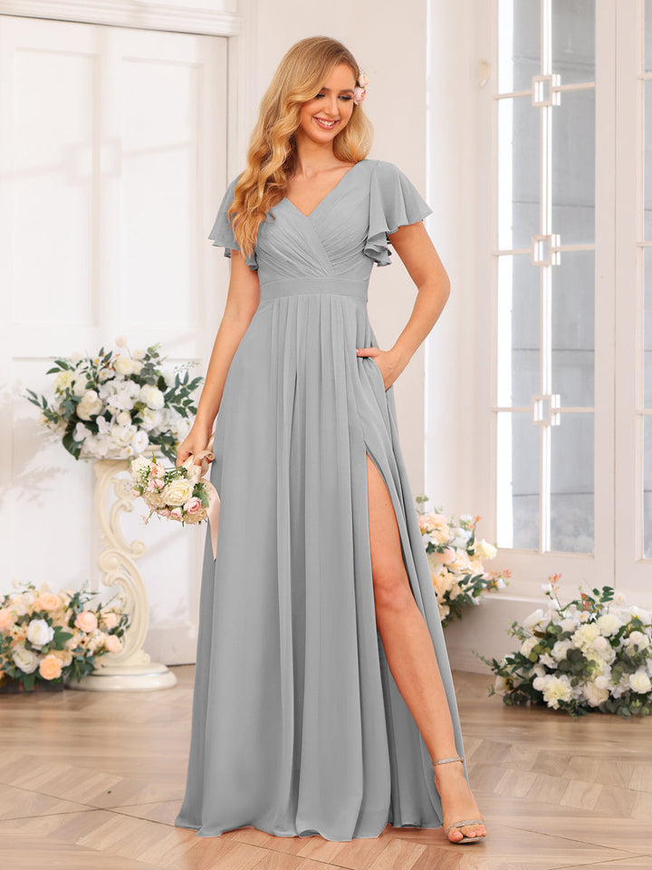 A-Line/Princess V-Neck Long Wedding Party Dresses with Split Side &amp; Pockets