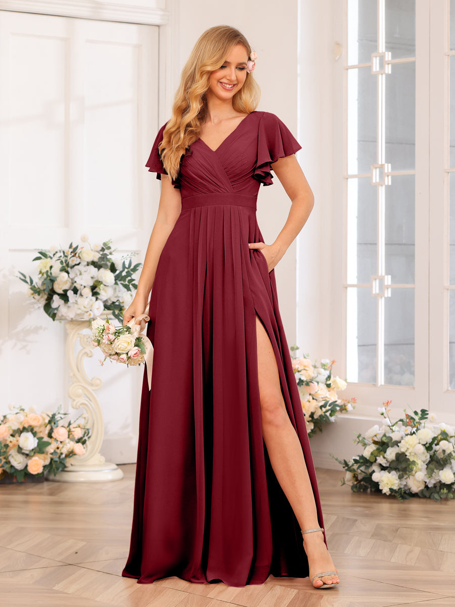 A-Line/Princess V-Neck Long Wedding Party Dresses with Split Side &amp; Pockets