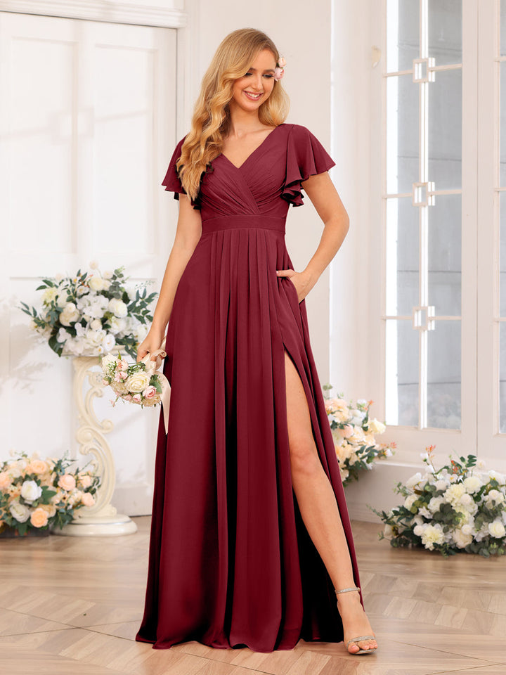 A-Line/Princess V-Neck Long Wedding Party Dresses with Split Side &amp; Pockets