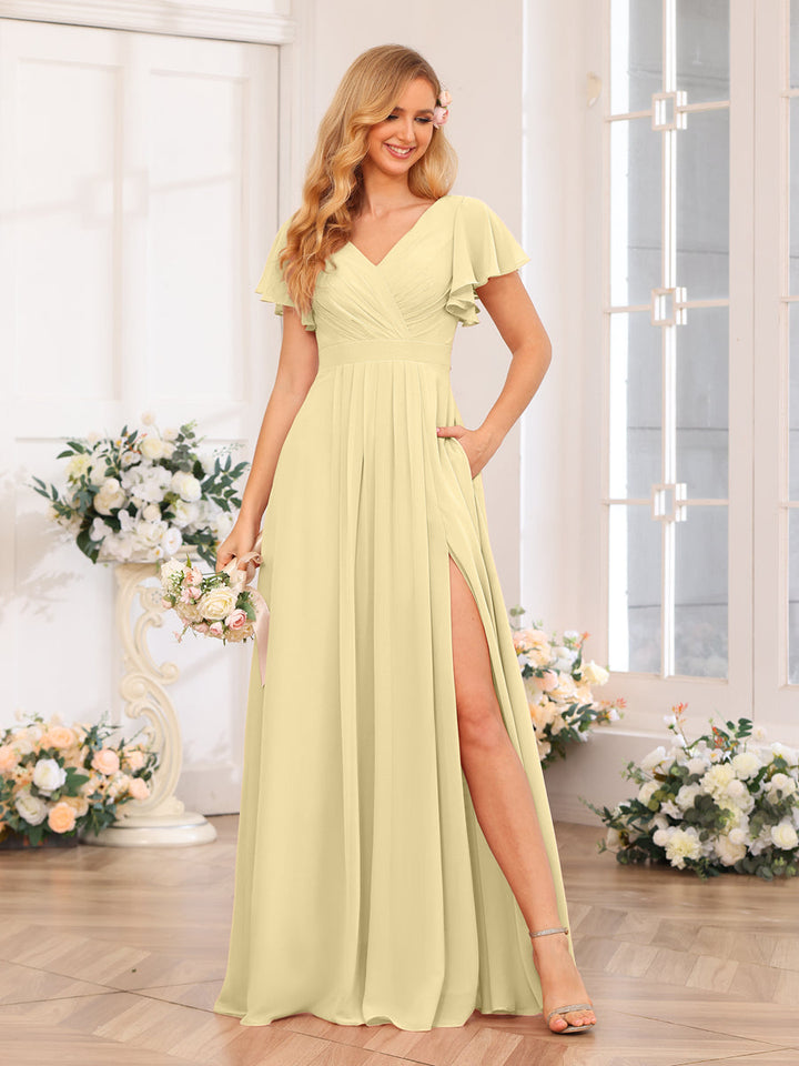 A-Line/Princess V-Neck Long Wedding Party Dresses with Split Side &amp; Pockets
