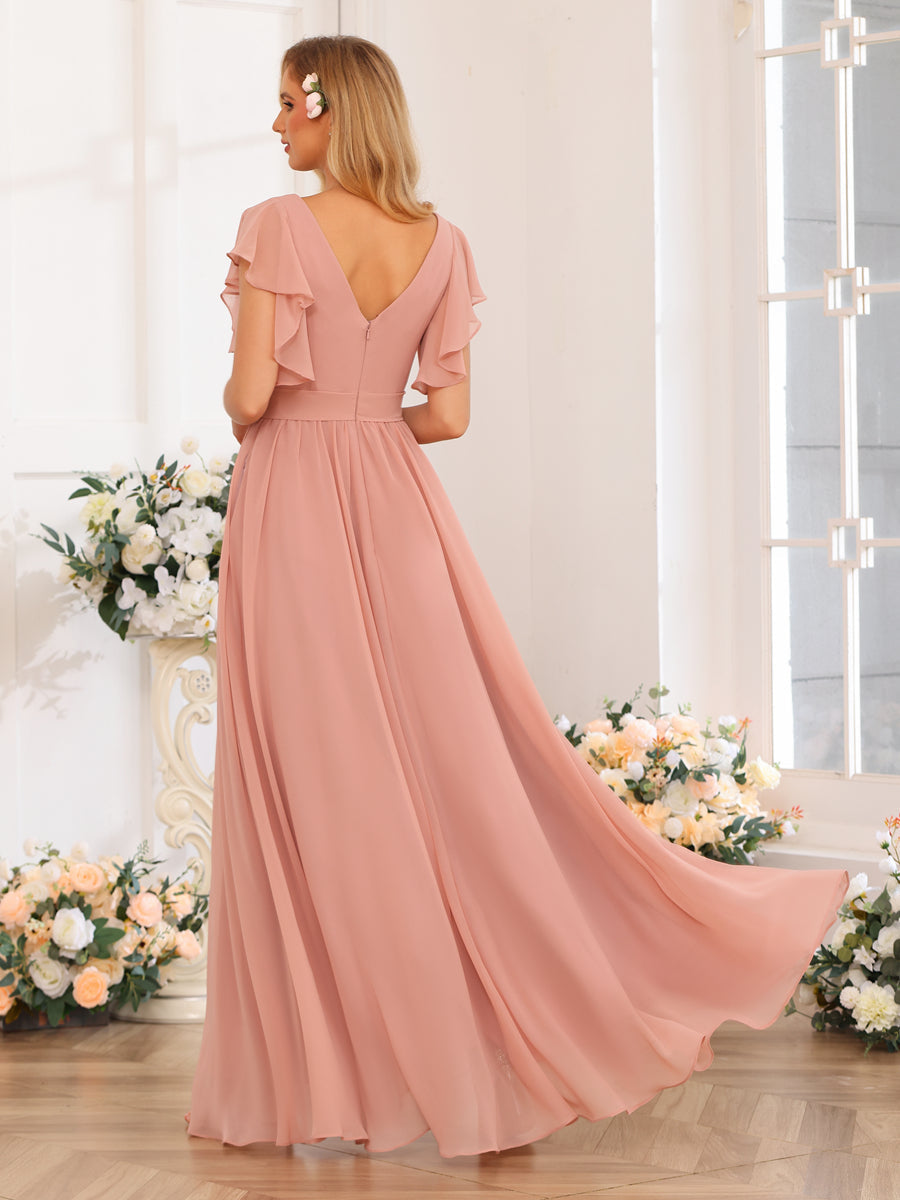 A-Line/Princess V-Neck Long Wedding Party Dresses with Split Side &amp; Pockets