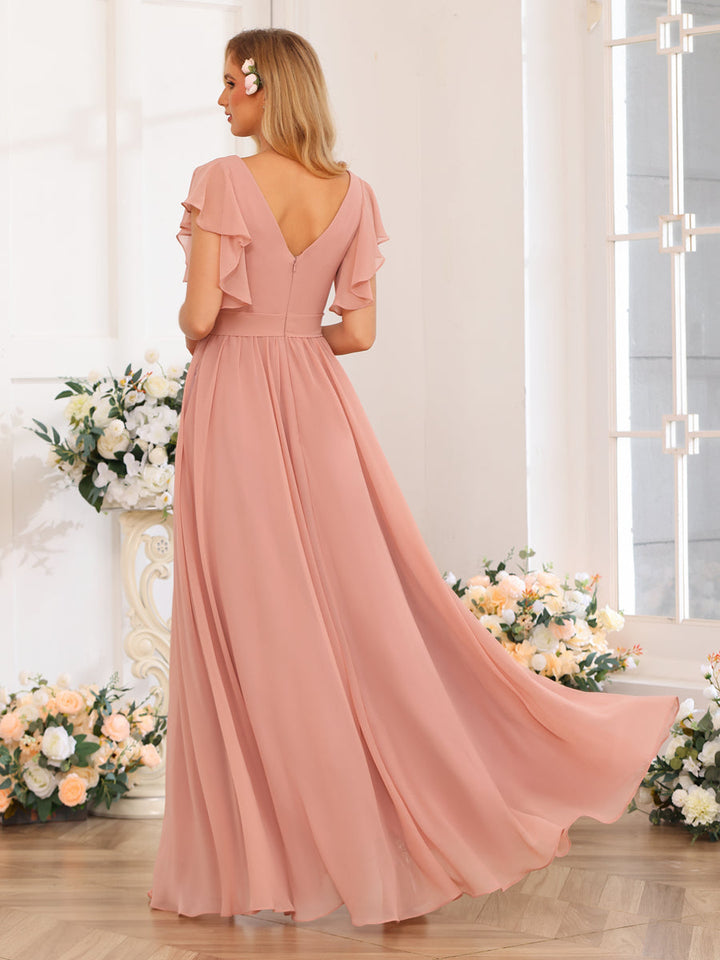 A-Line/Princess V-Neck Long Wedding Party Dresses with Split Side &amp; Pockets