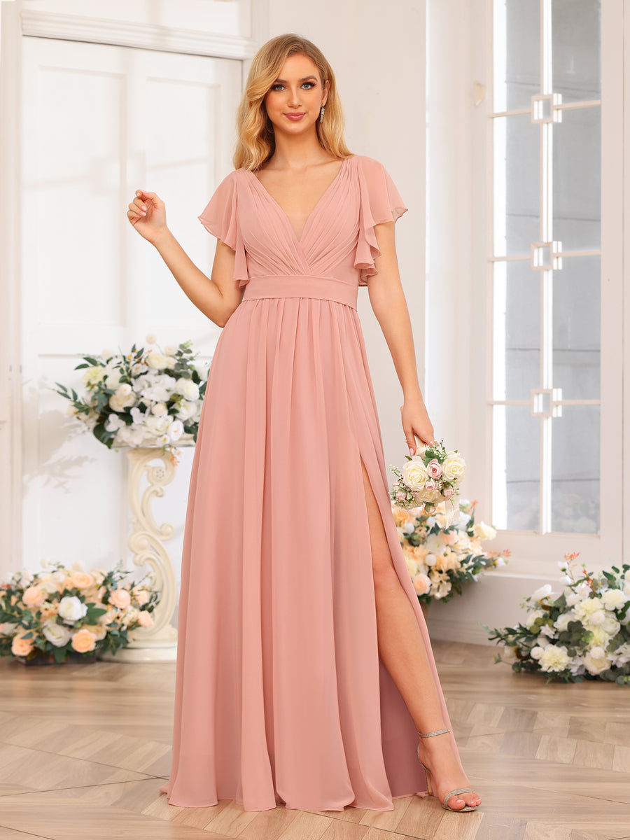 A-Line/Princess V-Neck Long Wedding Party Dresses with Split Side &amp; Pockets