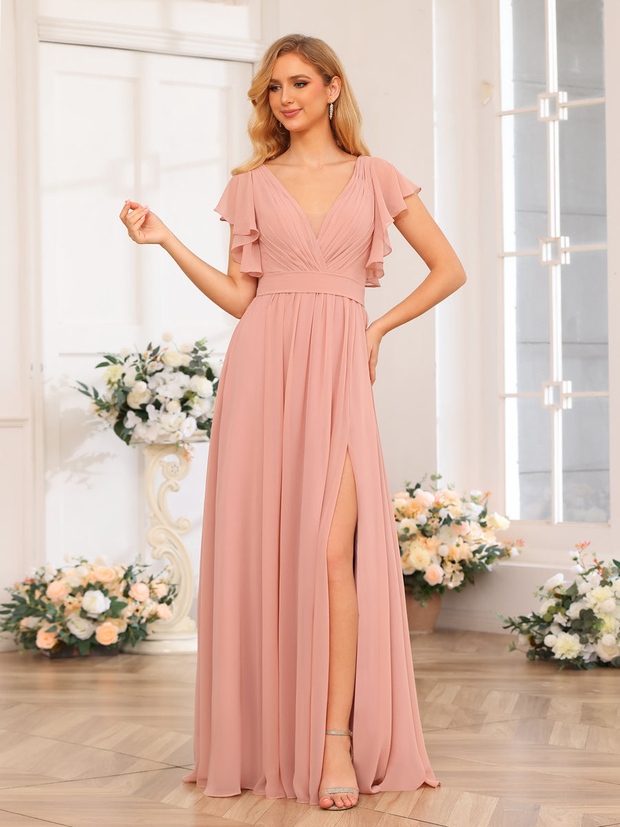A-Line/Princess V-Neck Long Wedding Party Dresses with Split Side &amp; Pockets