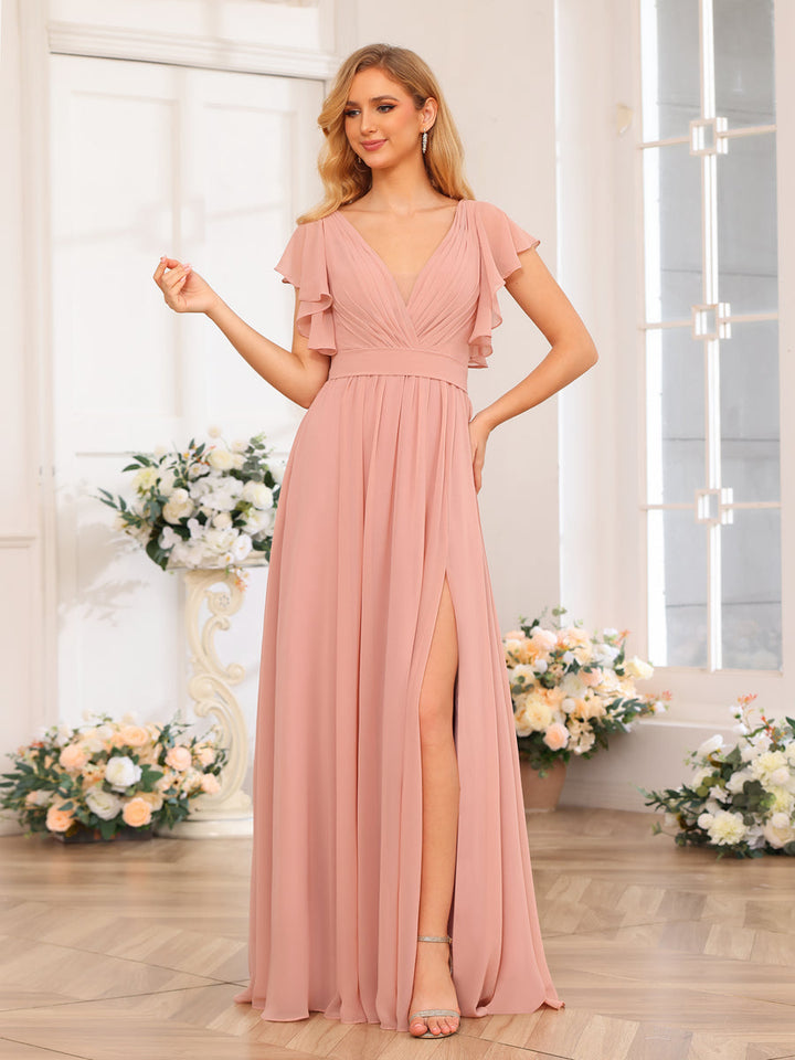 A-Line/Princess V-Neck Long Wedding Party Dresses with Split Side &amp; Pockets