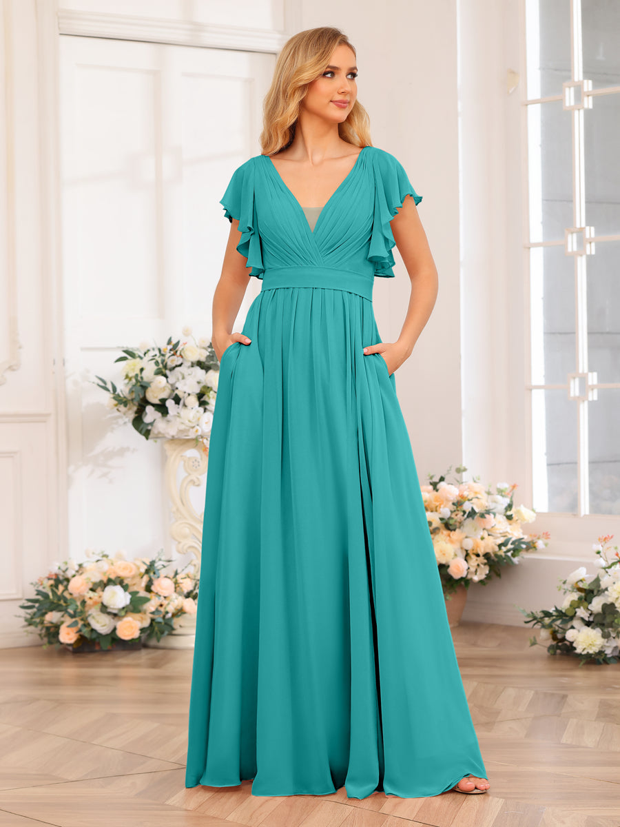 A-Line/Princess V-Neck Long Wedding Party Dresses with Split Side &amp; Pockets