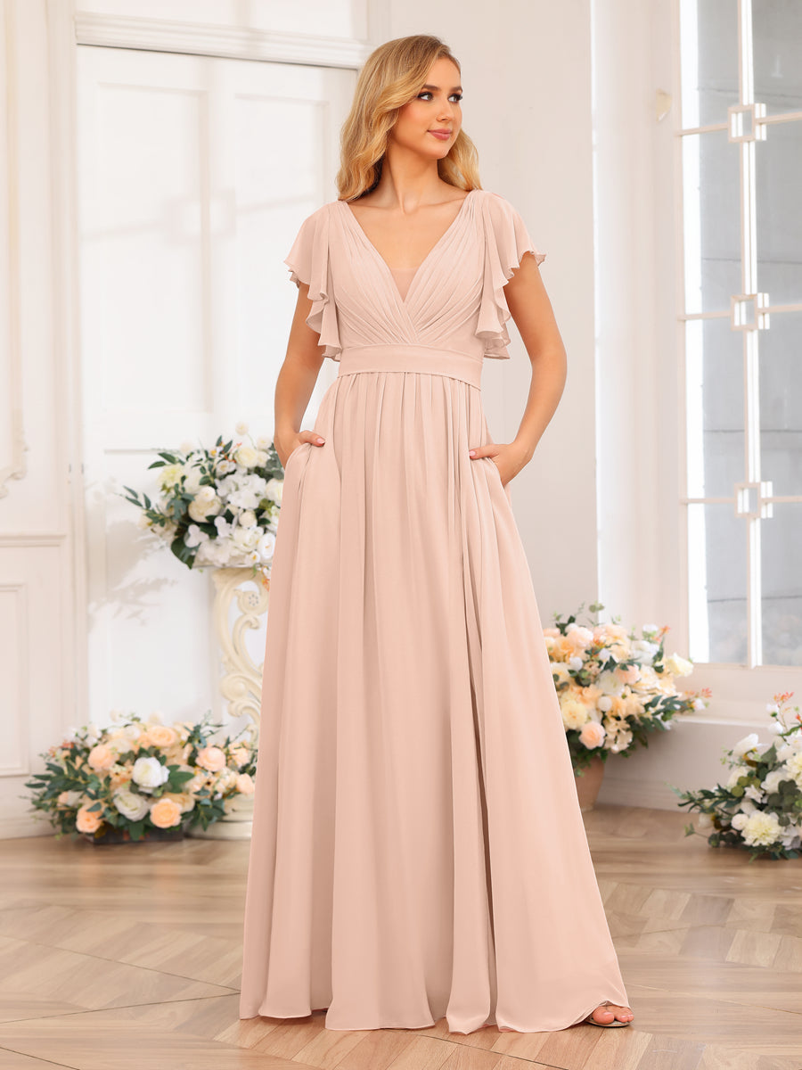 A-Line/Princess V-Neck Long Wedding Party Dresses with Split Side &amp; Pockets