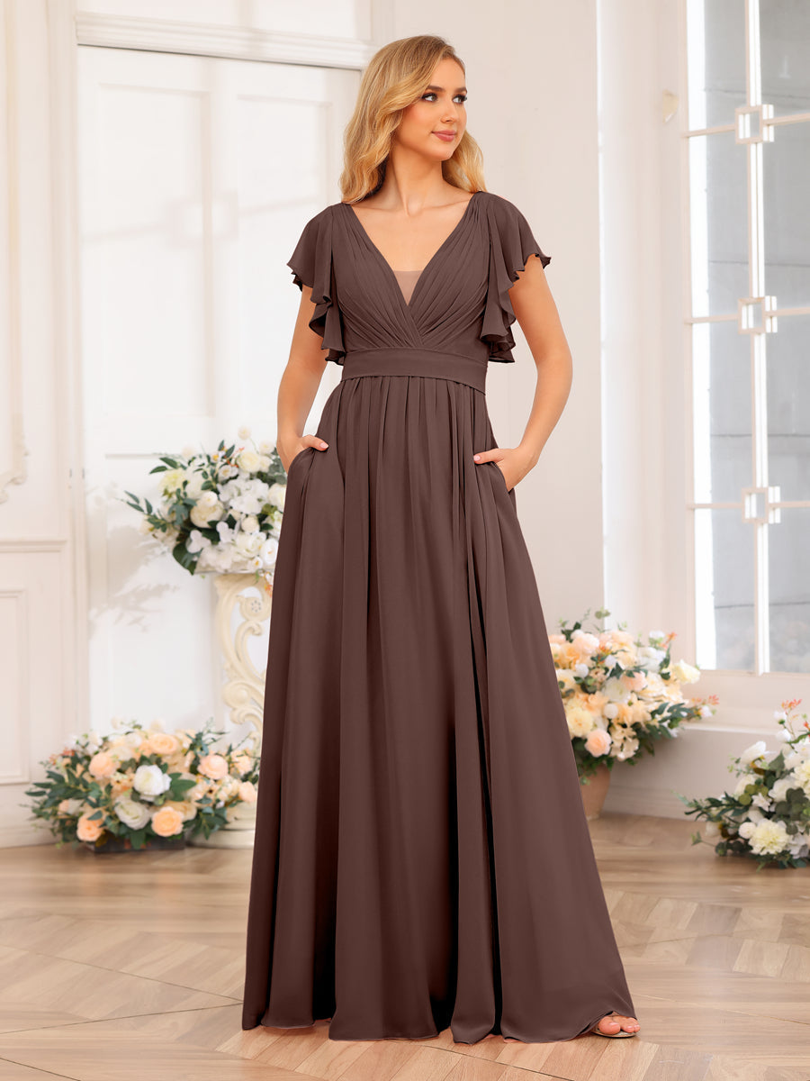 A-Line/Princess V-Neck Long Wedding Party Dresses with Split Side &amp; Pockets