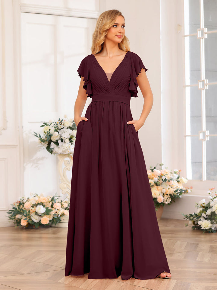 A-Line/Princess V-Neck Long Wedding Party Dresses with Split Side &amp; Pockets
