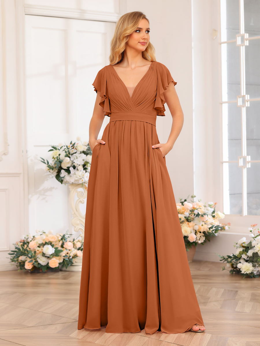 A-Line/Princess V-Neck Long Wedding Party Dresses with Split Side &amp; Pockets