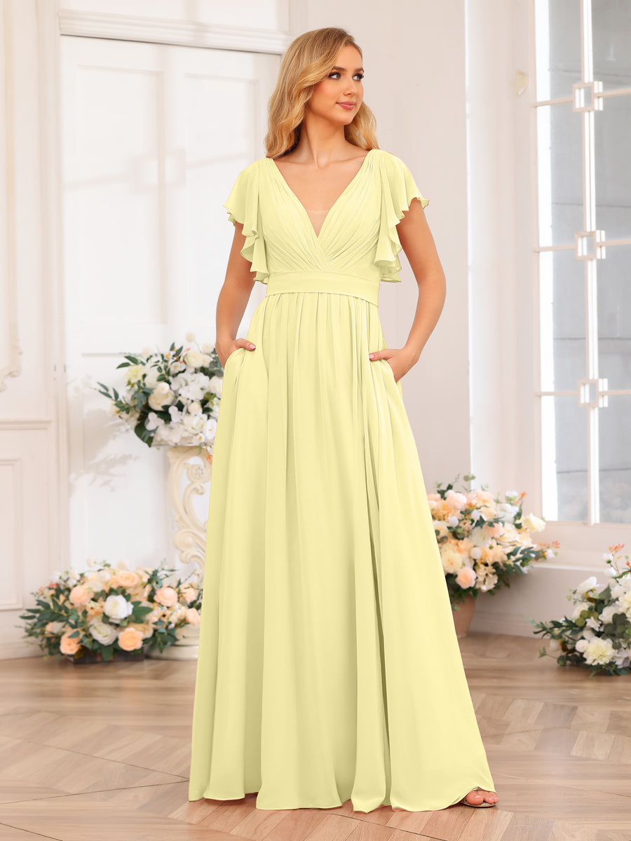 A-Line/Princess V-Neck Long Wedding Party Dresses with Split Side &amp; Pockets