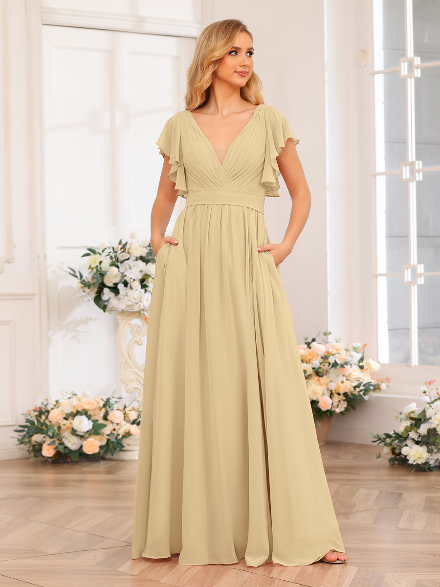 A-Line/Princess V-Neck Long Wedding Party Dresses with Split Side &amp; Pockets